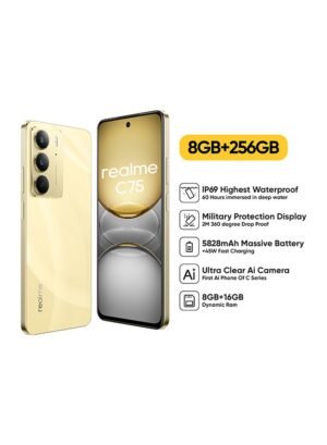 "Realme C75, Dual SIM, Dazzling Gold, 8 GB, 256 GB, 4G – Middle East Version."